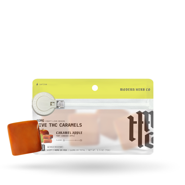Modern Herb Co THC Caramel Apple sativa caramels, 4 count, featuring caramel flavor and natural caramel apple appearance.