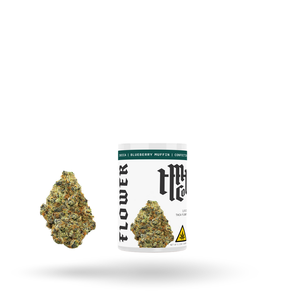 THCa flower Blueberry Muffin Indica by Modern Herb Co, showing fresh, colorful buds in 1/8oz package.