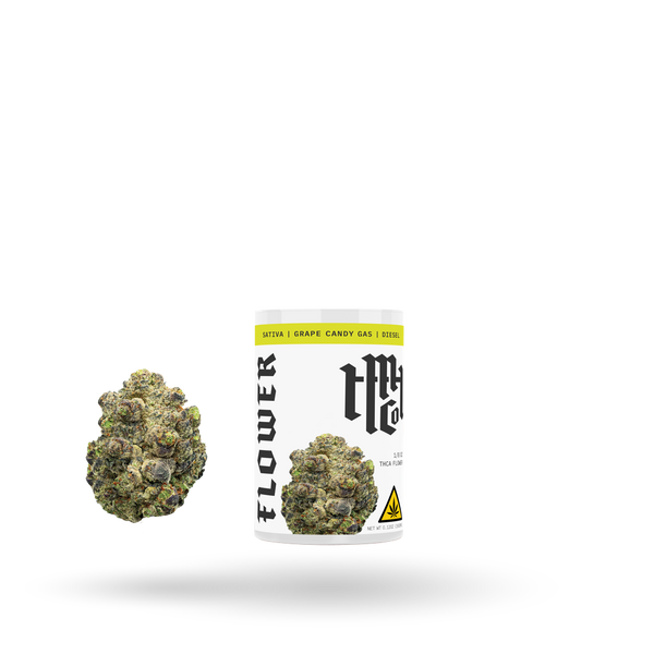 THCa Flower Grape Candy Gas Sativa by Modern Herb Co, 1/8oz, fresh flower buds with purple hues and green leaves.