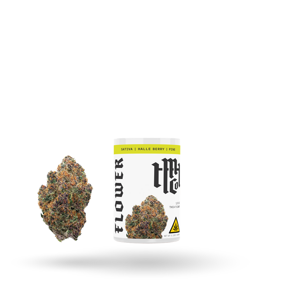 THCa flower Halle Berry Sativa by Modern Herb Co, fresh cannabis flower in 1/8oz package, showcasing vibrant buds and green leaves.