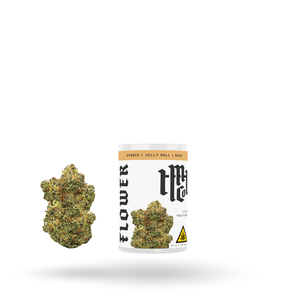 Hybrid THCa flower Jelly Roll by Modern Herb Co, 1/8oz, showing vibrant cannabis buds in a clear container.
