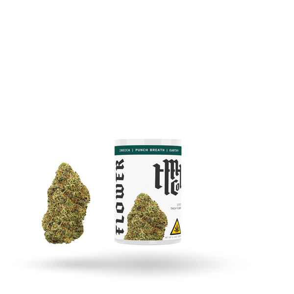 THCa flower Punch Breath Indica from Modern Herb Co, 1/8oz, showing vibrant cannabis buds in a clear jar.