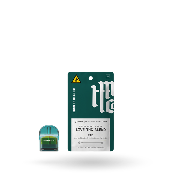 Modern Herb Co Live THC Pod Refill GMO Indica 1g, cannabis concentrate pod for vaporizer, with indica strain visible in the image.