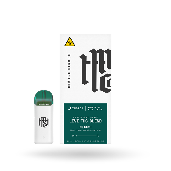 Modern Herb Co Live THC Pod Starter Kit with OG Kush Indica 1g, compact pod device for easy use and discreet enjoyment.