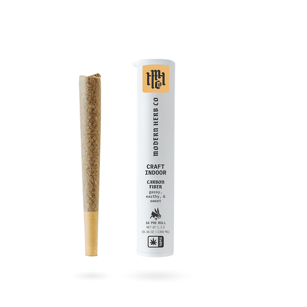 Pre Roll THCa Flower by Modern Herb Co, 1g hybrid carbon fiber pre roll with visible cannabis flower and packaging details.