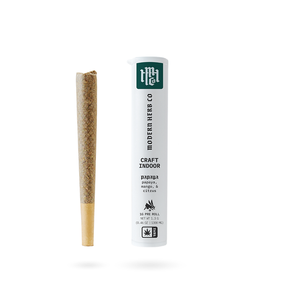 Pre Roll THCa Flower Papaya Indica by Modern Herb Co, 1g pre roll with visible packaging and flower inside