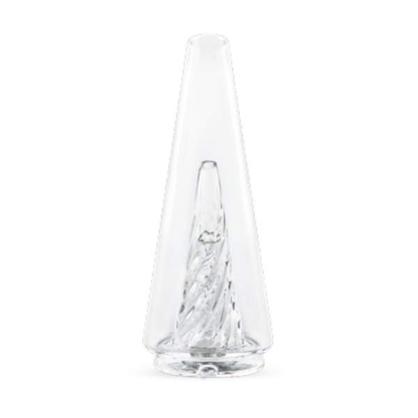 Puffco Peak Pro Glass 2.0, clear glass piece with intricate design, designed for Puffco vaporizer, showing smooth curves and craftsmanship.