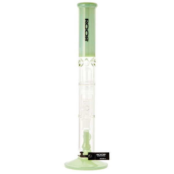 RooR 18-inch green waterpipe with 10-arm tree percolator and straight design, showcasing clear glass construction.
