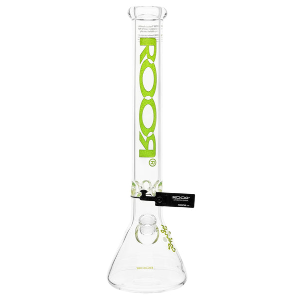 RooR 18-inch beaker waterpipe with neon green logo, clear glass bong featuring a sturdy base and mouthpiece.