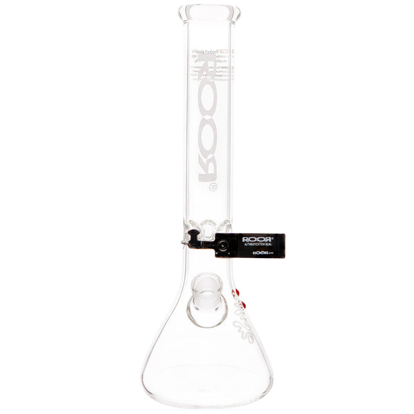 RooR Classic 14-inch beaker bong with white logo, clear glass waterpipe designed for smooth smoking sessions.