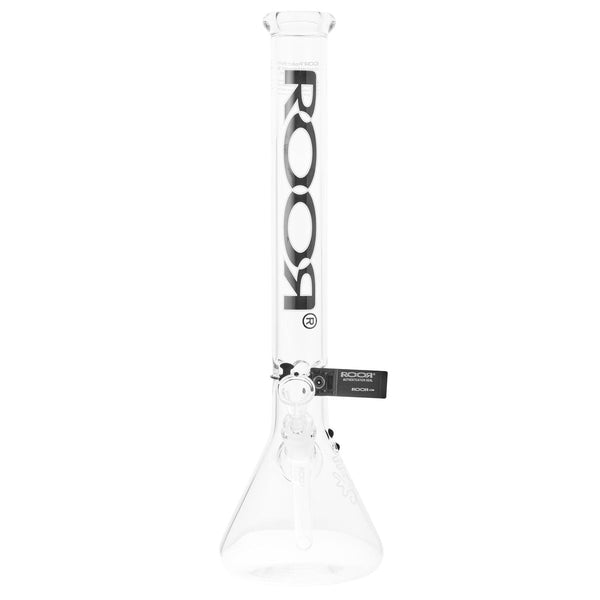 RooR Classic 18-inch black and white logo beaker waterpipe bong with clear glass and sturdy base, front view.