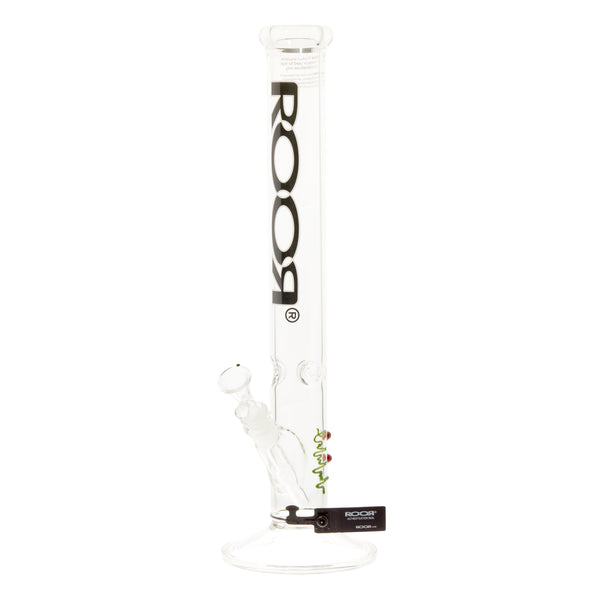 RooR Classic straight water pipe with black and white logo, 18-inch glass bong featuring a clear design and angled mouthpiece.