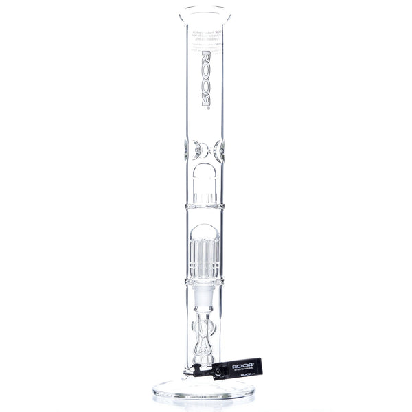 RooR Tech 18-inch stemless straight waterpipe bong with 10-arm tree perc, black and white logo design, clear glass construction.