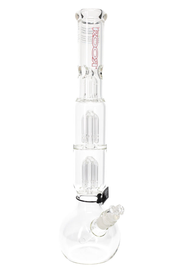 RooR Tech 17-inch bubble-base water pipe with dual tree percs, 5mm glass, featuring assorted decals for enhanced filtration.