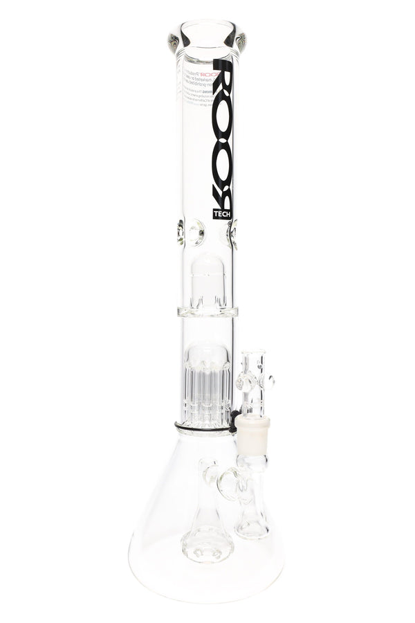 RooR Tech Stemless Clear Beaker Bong with multiple percolators and 18-inch height, 5mm thick glass water pipe.