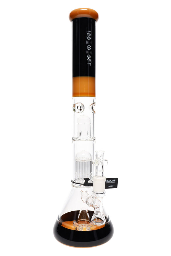 RooR Tech multicolor stemless beaker bong with multi percs, 18-inch water pipe, 5mm thick glass, vibrant design and sturdy base.