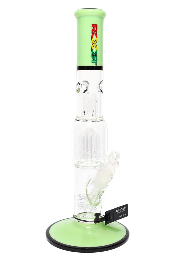 RooR Tech 15-inch multicolor straight glass water pipe bong with tree percolator, featuring a glass-on-glass design and vibrant colors.