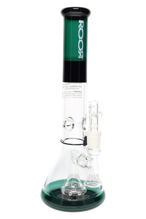 RooR Tech 14-inch multicolor beaker water pipe with perc, 5mm thick glass, featuring vibrant colors and sturdy design.