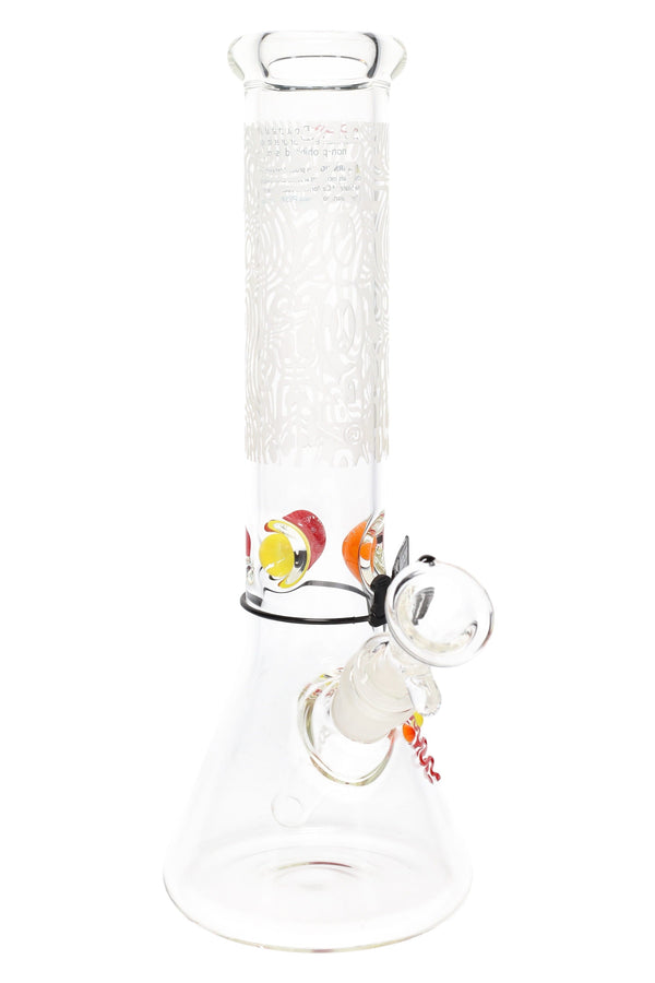 RooR 12-inch frosted beaker water pipe with multicolor ice pinch, glass-on-glass design and checkered pattern.