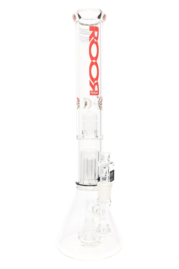 RooR Tech Stemless Beaker Bong with multiple percolators, 18-inch water pipe, 5mm thick glass for smooth filtration.