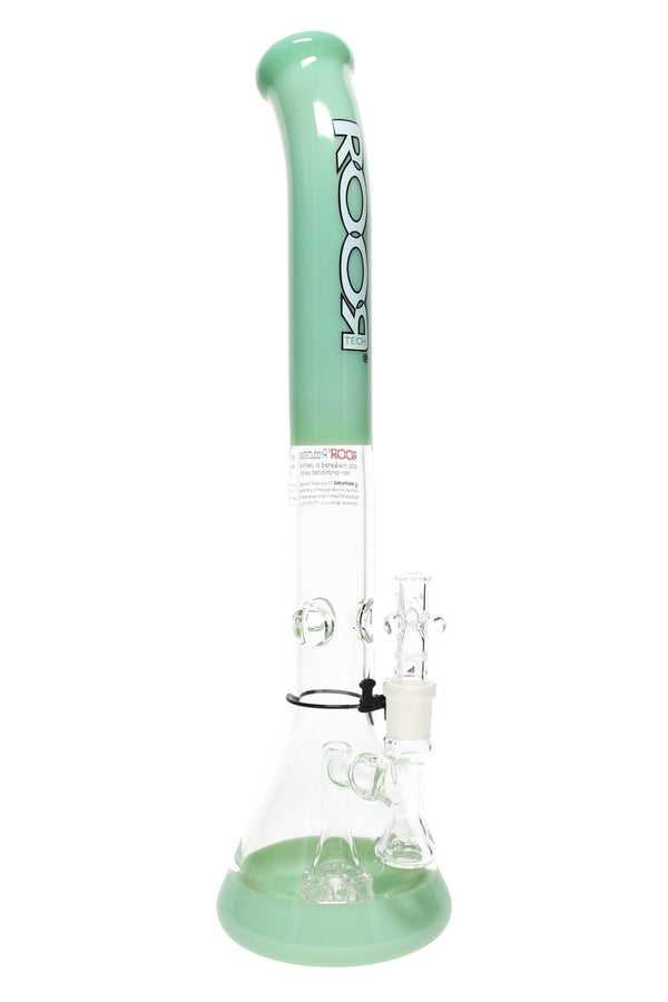 RooR Tech bent-neck multicolor stemless beaker bong, 18-inch water pipe with colorful glass design and sturdy base.