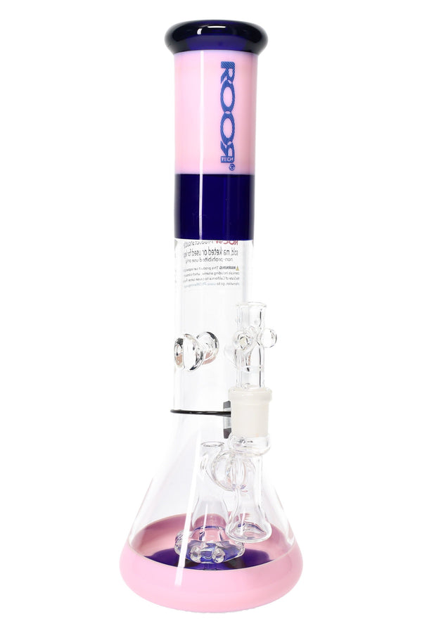 RooR Tech 14-inch multicolor beaker water pipe with showerhead percolator and 5mm thick glass for smooth filtration.