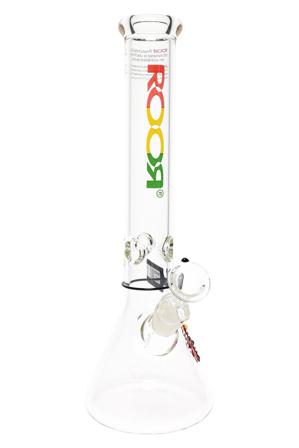 RooR 14-inch thick glass beaker water pipe with ice pinch and assorted decals, showcasing clear glass and colorful designs.