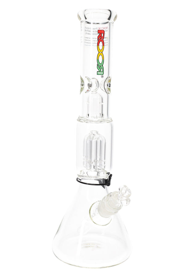 RooR Tech 14-inch beaker bong with tree percolator, 5mm thick glass, used for water filtration and smooth smoking.