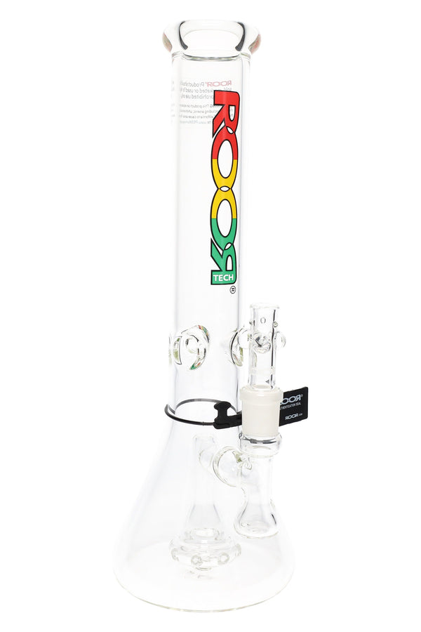 RooR Tech 14-inch clear beaker bong with showerhead percolator and 5mm thick glass for smooth water filtration.