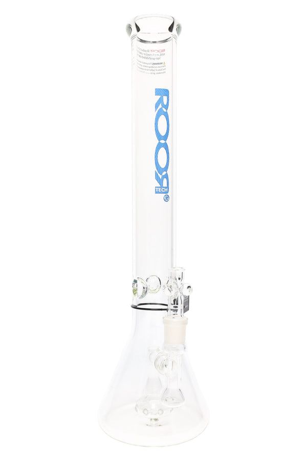 RooR Tech 18-inch clear glass beaker bong with showerhead percolator, designed for smooth water pipe smoking.