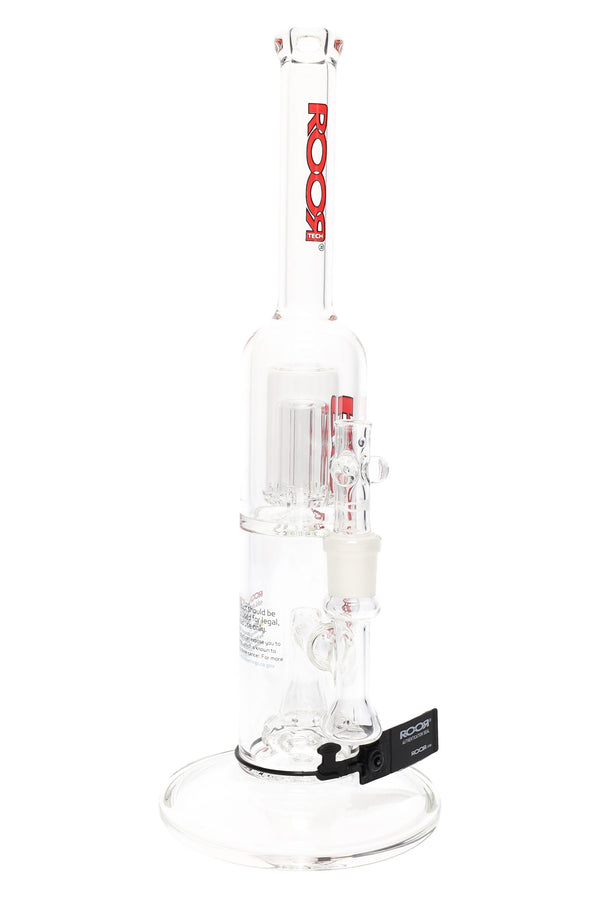 Clear glass ROOR Tech 15-inch stemless straight water pipe with barrel perc for smooth filtration and enhanced smoking experience.