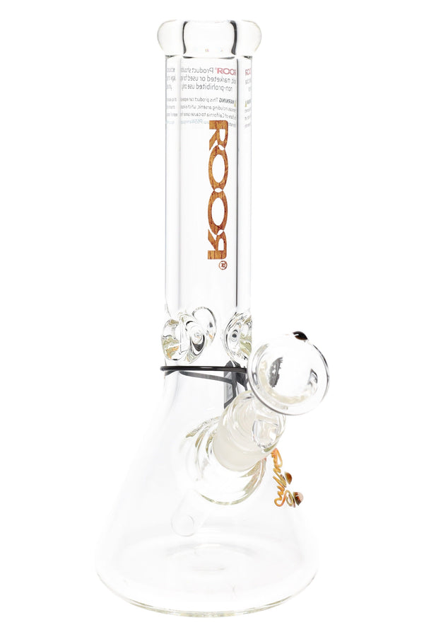 RooR 10-inch beaker water pipe with ultra-thick 7mm glass and glass-on-glass design, featuring a clear, sturdy design.