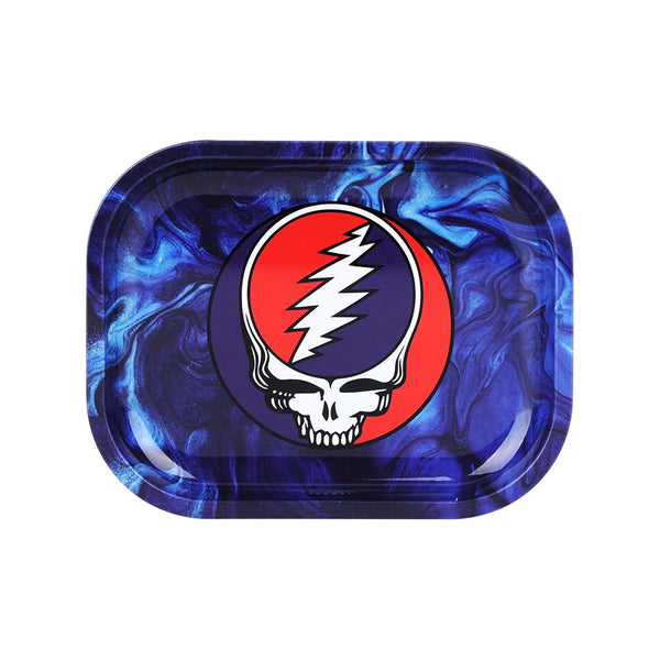 Grateful Dead x Pulsar mini metal rolling tray featuring Steal Your Face swirls, 7x5.5 inches, with vibrant graphic design.