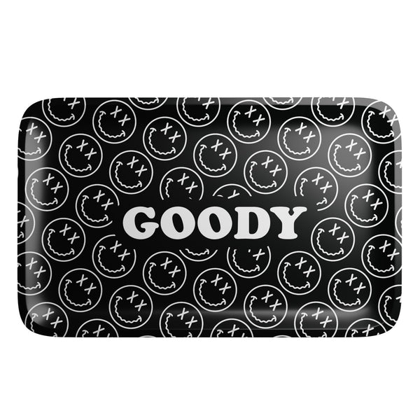 Black patterned glass face rolling tray with Smoke Drop branding for organizing smoking accessories and rolling supplies.