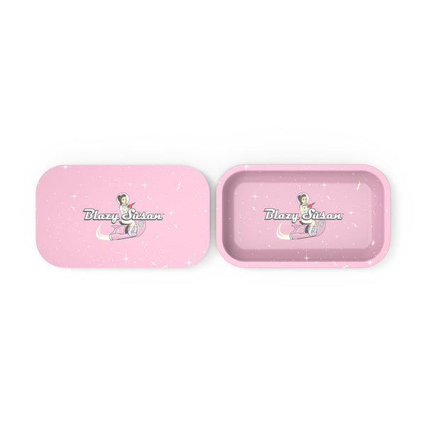 Smoke Drop Blazy Susan rolling tray with lid, featuring vibrant design and sturdy metal construction for convenient storage.