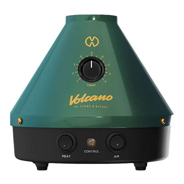 Storz & Bickel Volcano Classic vaporizer in green and gold Limited Edition with digital display and glass mouthpiece.