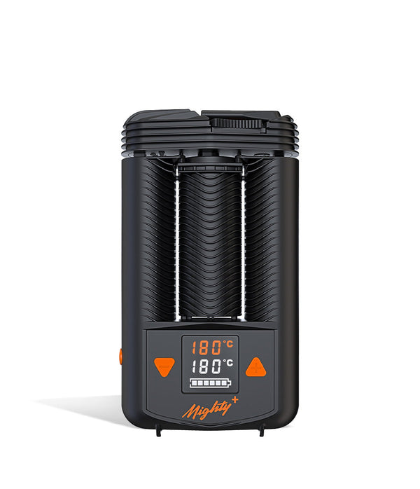 Front view of the Storz & Bickel Mighty+ portable dry herb vaporizer showing its sleek design and digital display.