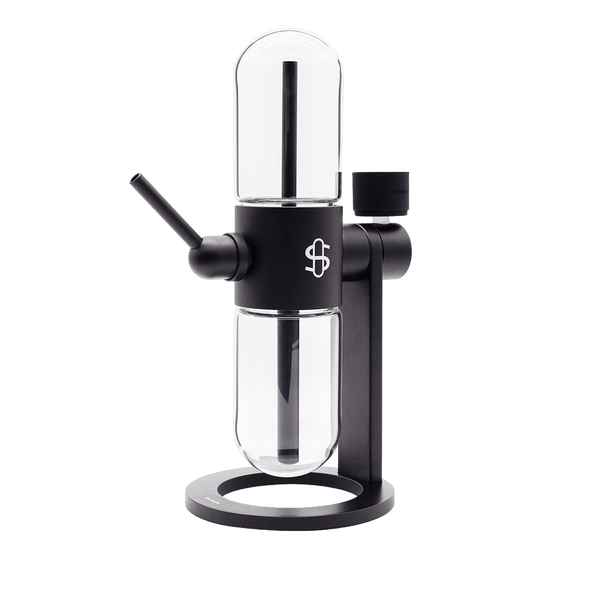 Stündenglass Gravity Infuser hookah and infusion system with 360° rotating glass design and modern black and clear glass components
