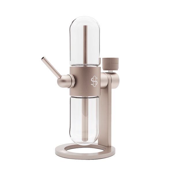 Stündenglass Desert Rose Gravity Infuser hookah with pink and white desert rose design, showcasing its sleek, modern structure.
