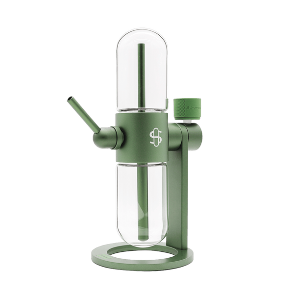 Stündenglass Gravity Infuser hookah in olive green with a sleek, modern design and 360° gravity mechanism for smoking enjoyment.