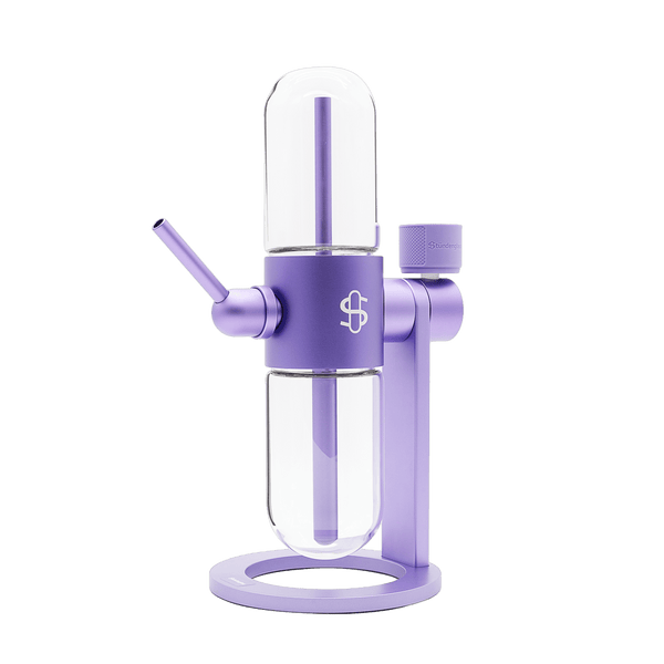 Stündenglass Gravity Infuser hookah in violet purple with 360° rotating design, showcasing its sleek, modern glass construction.