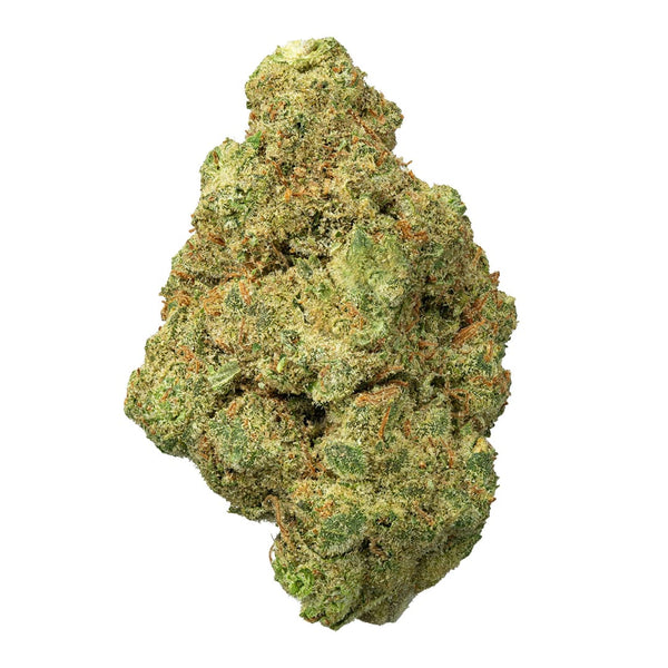 Hybrid Alien OG THCa flower by thisthat, showcasing dense green buds with orange hairs and trichomes.