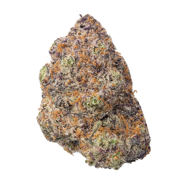 Blueberry Pancake THCa flower by thisthat, indica strain with vibrant blue and green buds, covered in trichomes.