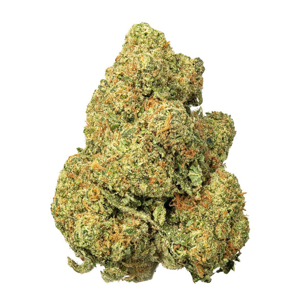 Indica SFV OG THCa flower by thisthat, 28g, featuring dense buds with vibrant green and orange pistils.