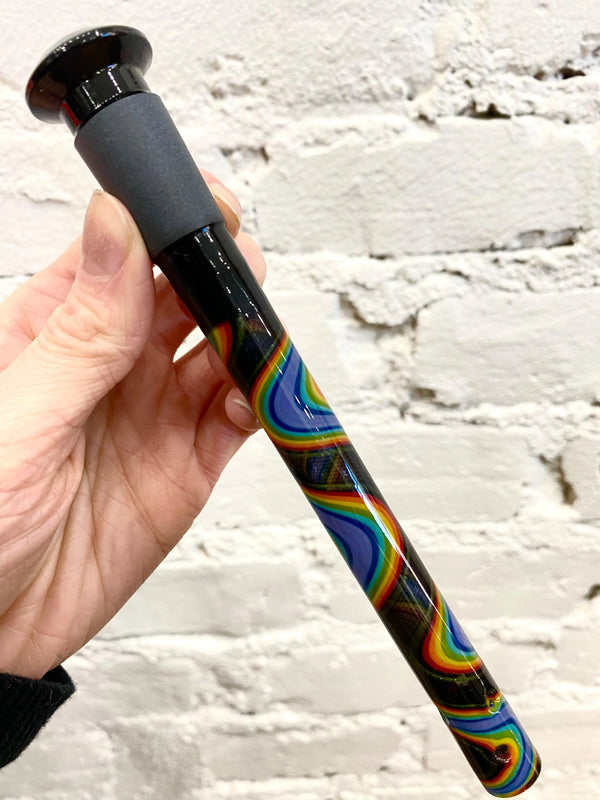 Dustorm Distro downstem featuring a rainbow line design, showcasing a worked-downstem style for cannabis or water pipe use.