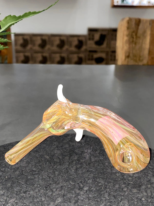 Piece Maker Glass Fume Revolver Pipe, a colorful glass smoking pipe with a detailed revolver design, on a plain background.