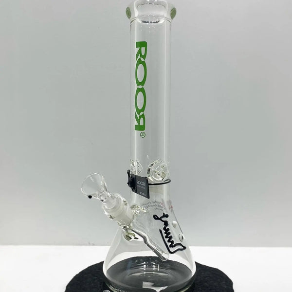 Roor Glass Bkr 14-inch green water pipe with 50x7 design, showcasing its clear glass construction and vibrant green accents.