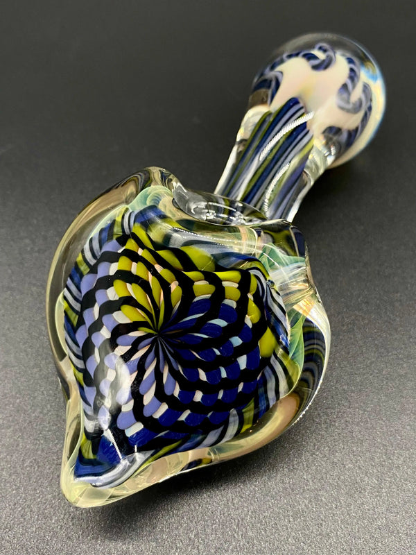 Talent Glass Works Inc Reticello Sherlock glass pipe with intricate hand-blown reticello design and clear glass accents.