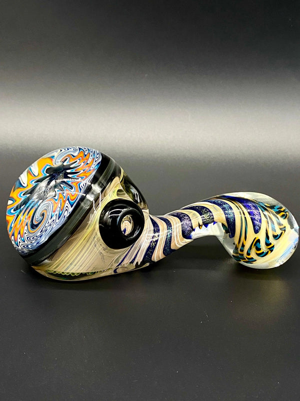 Talent Glass Works Inc. Wig Woo Window Over Dichro Sherlock glass pipe with colorful window design and intricate details.
