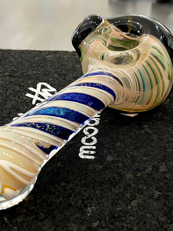 Talent Glass Works Inc Dichro Head Spoon glass pipe with solid dichro accents, showcasing vibrant, colorful glass artistry.